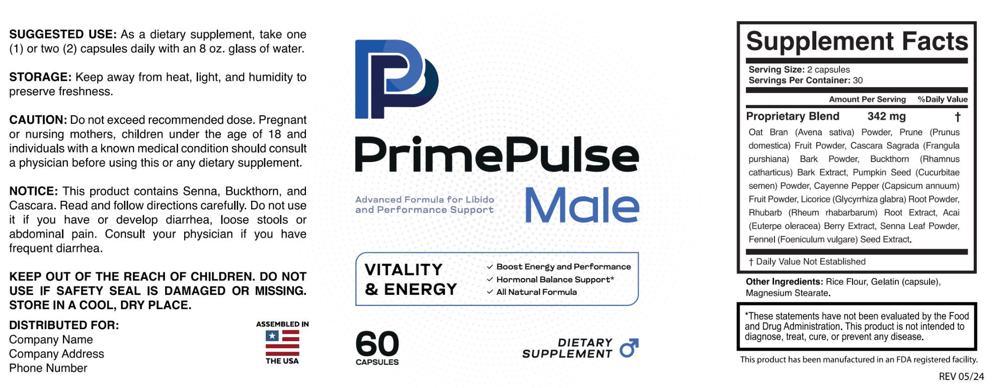 PrimePulse Male Supplement Facts Label Ingredients